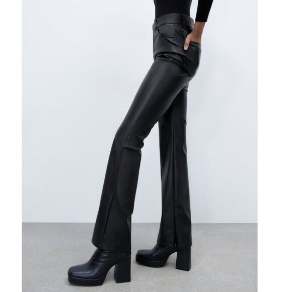 ZARA Faux Leather Pants Size Large Black Zipper Flare Vegan Mob Wife Bootcut NWT - Picture 2 of 14